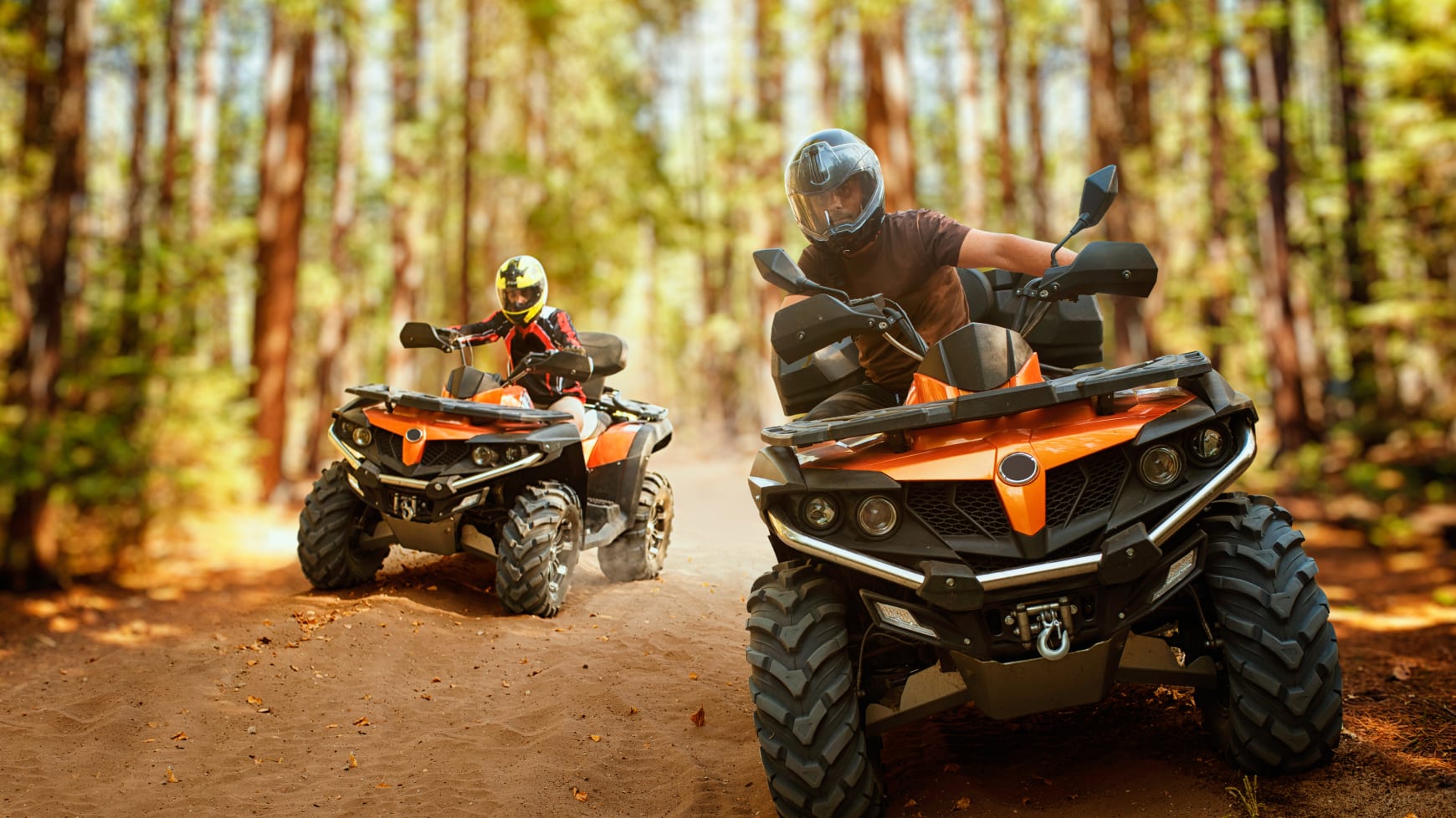 Two All Terrain Vehicles Driving Through the Woods