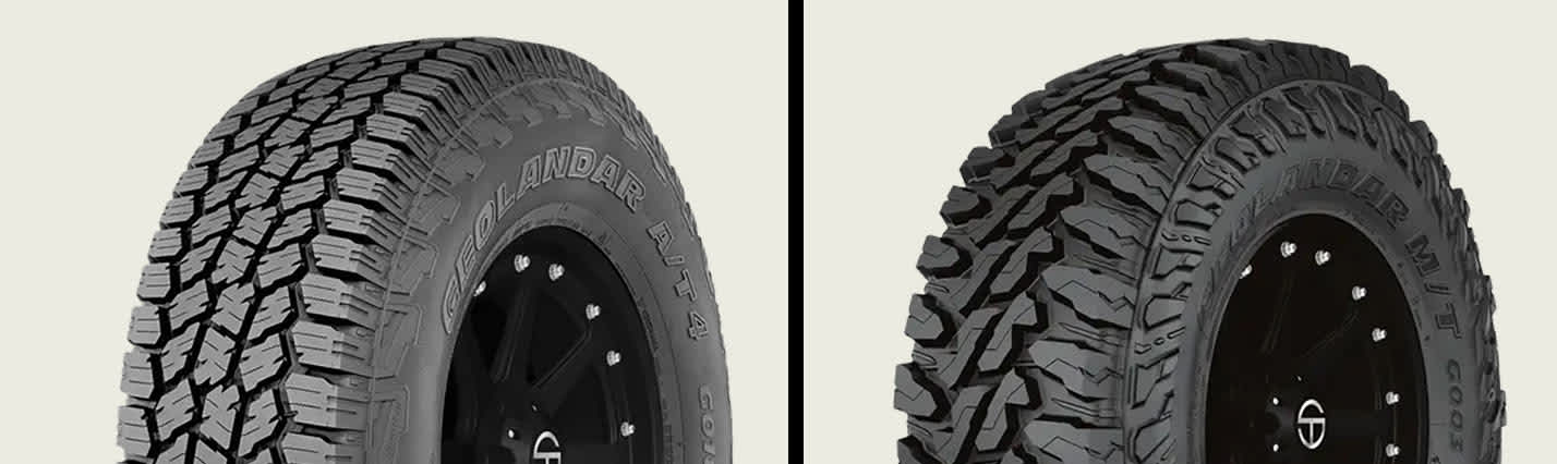 All-terrain vs mud-terrain tires side by side