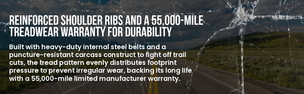 Cosmo El Tigre AT tires Reinforced shoulder ribs and a 55,000 mile treadwar warranty for durability