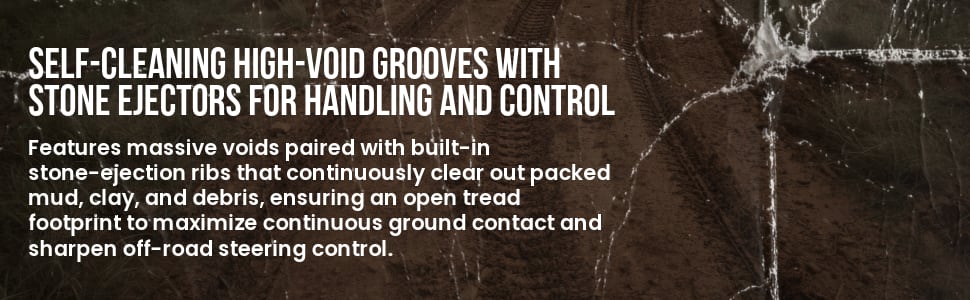 Cosmo Mud Kicker tires Self-cleaning high-void grooves with stone ejectors for handling and control