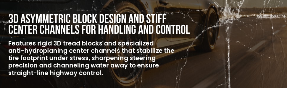 Cosmo RC-17 tires 3D Asymmetric block design and stiff center channels for handling and control
