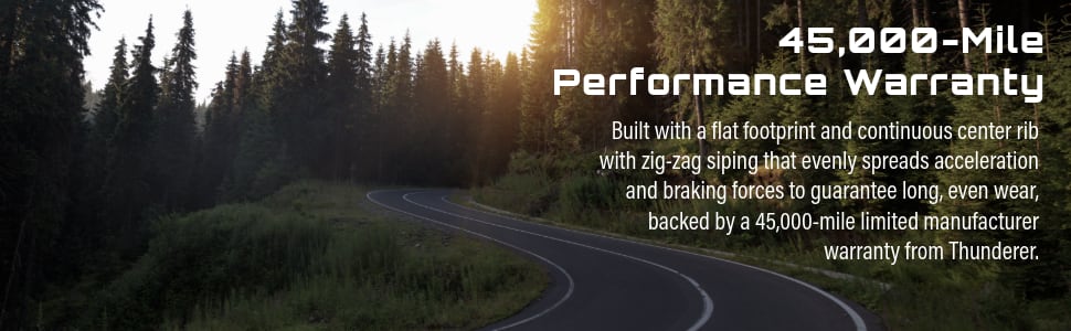 Thunderer Mach V tires 45,000 Mile Performance Warranty