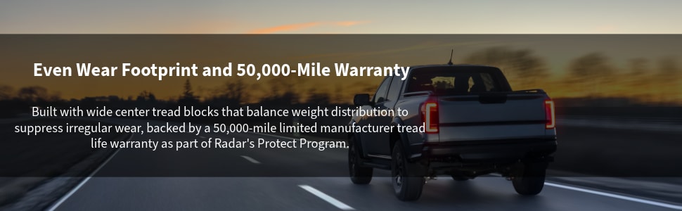 Radar Renegade A/T5 tires Even wear footprint and 50,000-mile warranty