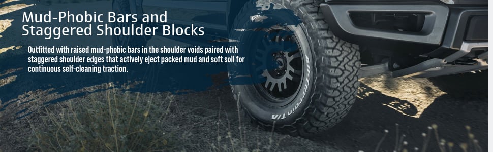 BFGoodrich HD‑Terrain T/A KT tires Mud-Phobic Bars and Staggered Shoulder Blocks