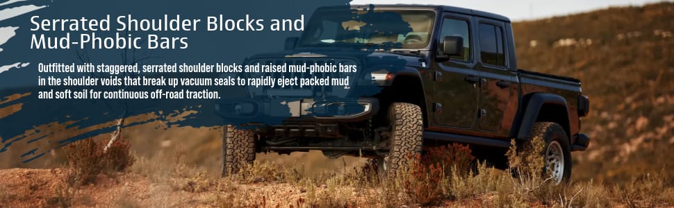 BFGoodrich All‑Terrain T/A KO2 tires Serrated Shoulder Blocks and Mud-Phobic Bars