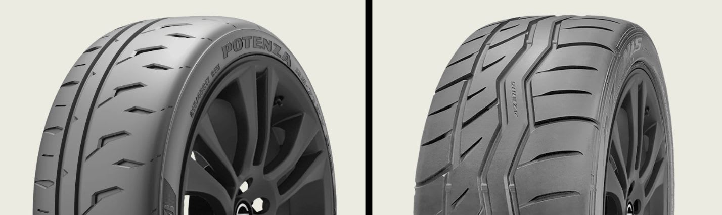 Bridgetone Potenza RE-71R vs Falken Azenis RT-615K+ tires side-by-side