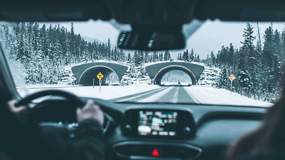 Driving down a snowy road towards a tunnel.